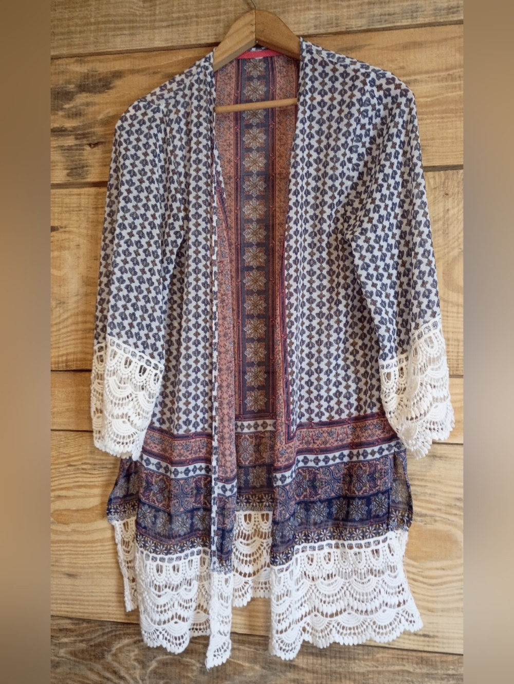 Beachy Boho Crochet Trim Open Sheer Lacy Kimono Duster